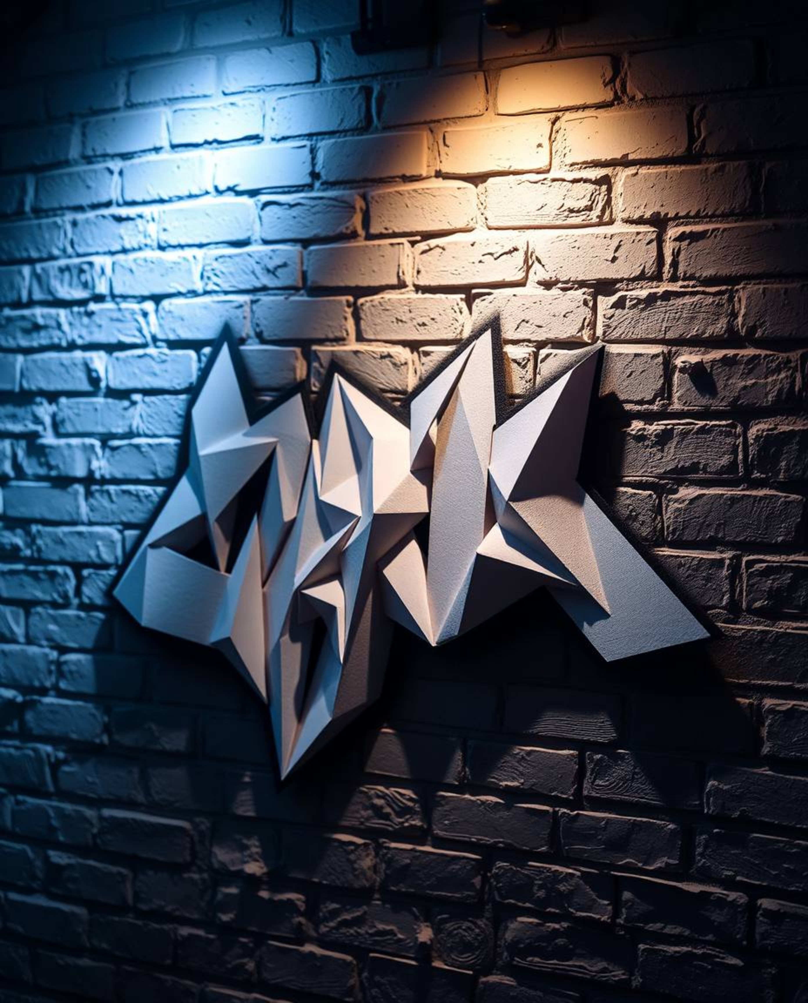 Discover stunning photography of intricate origami-style graffiti art adorning a brick wall.  Soft pastel colors and precise 