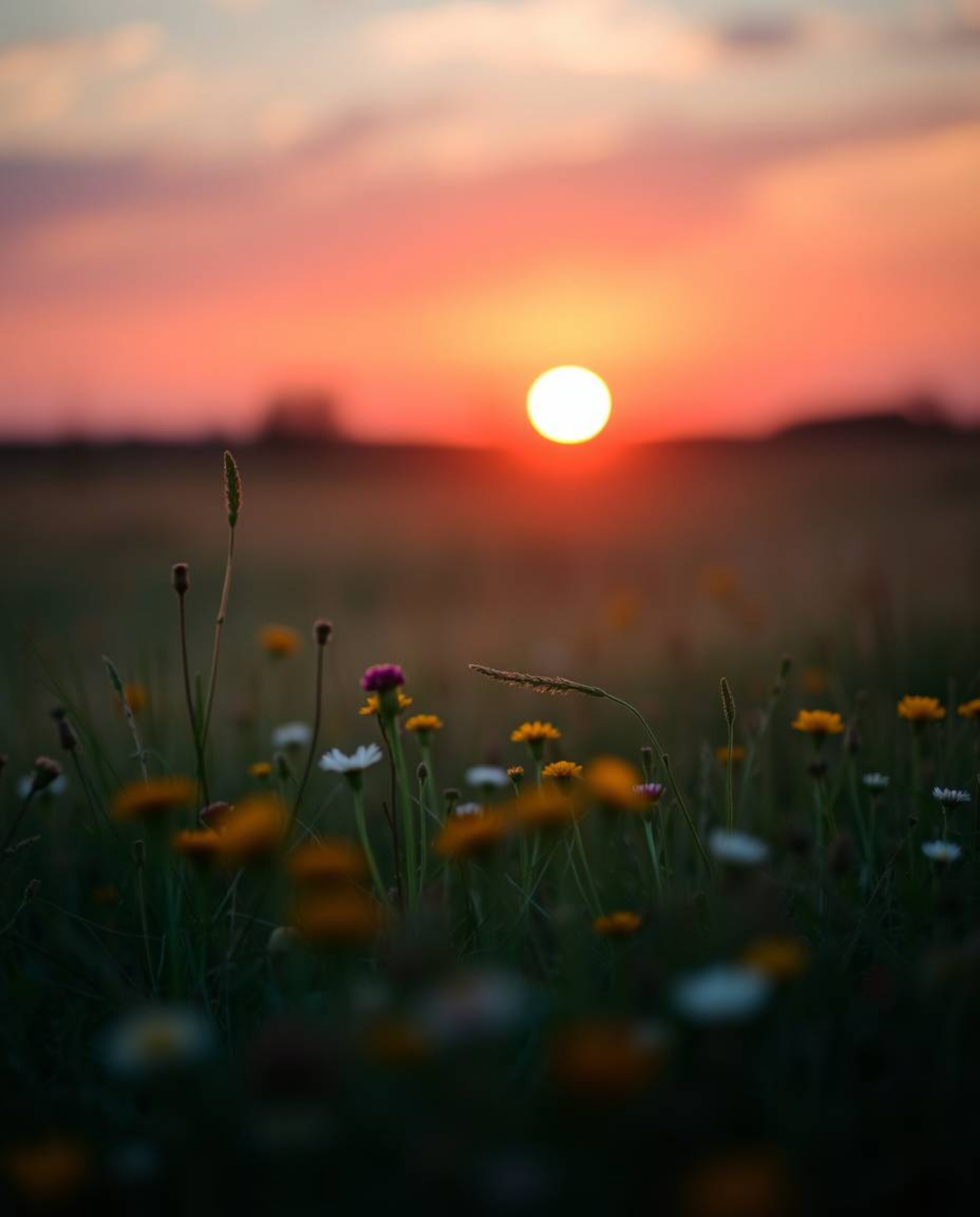 A stunning photograph of a sunset over a spring wildflower meadow, artistically rendered in a unique color palette of warm te
