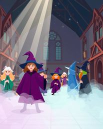 Explore a magical school brimming with young wizards, presented in a modern flat design style enhanced by volumetric lighting