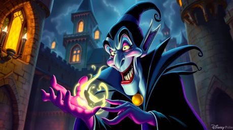 A captivating digital artwork depicting a classic Disney villain with exaggerated features and vibrant skin, casting a spell