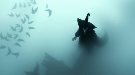 A captivating overhead shot depicts a classic Disney villain shrouded in thick fog, casting a spell within a mysterious old c