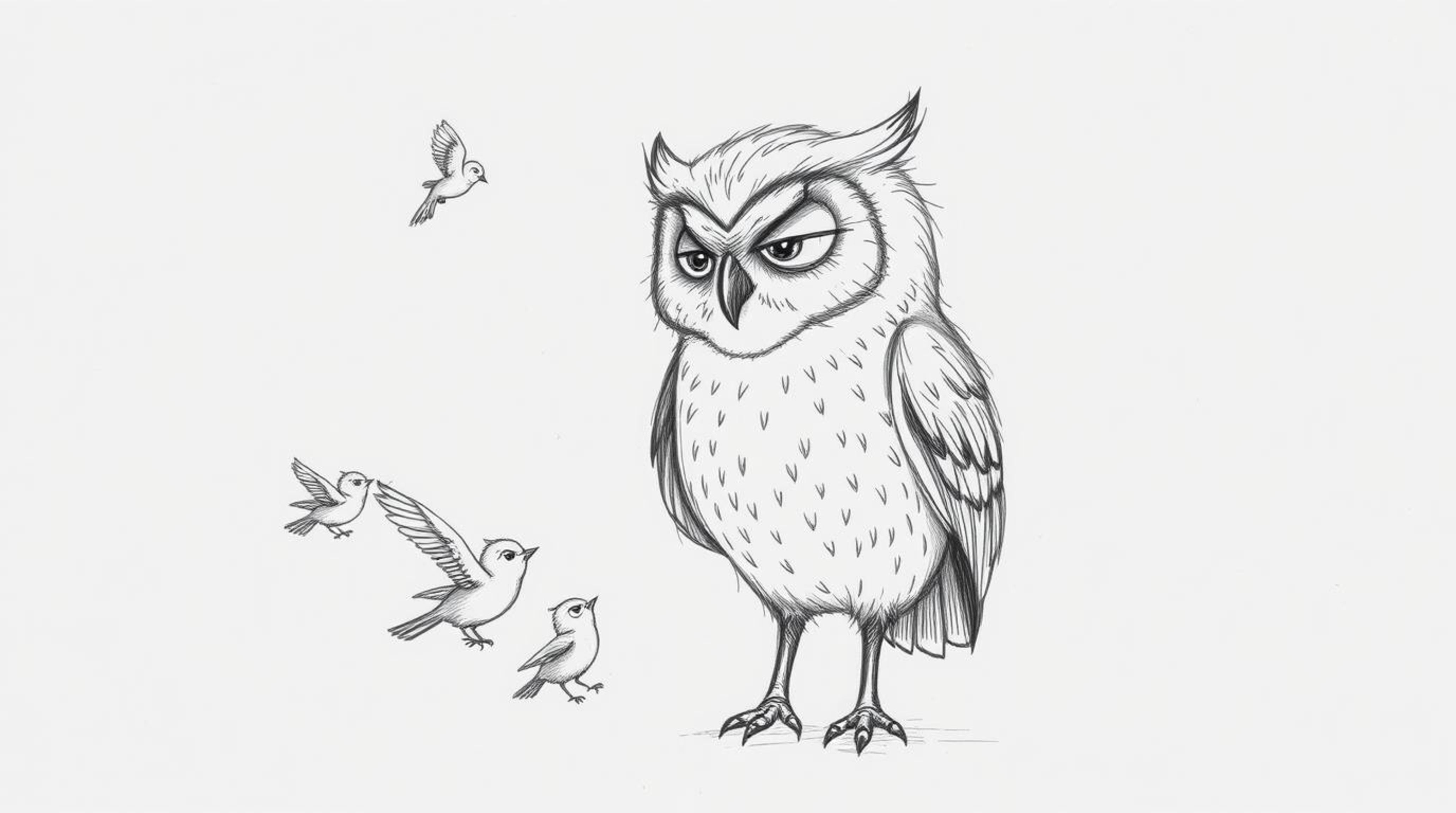 A serene, hand-drawn sketch in the style of Pixar animation depicts a blind owl with soft, detailed feathers teaching small b