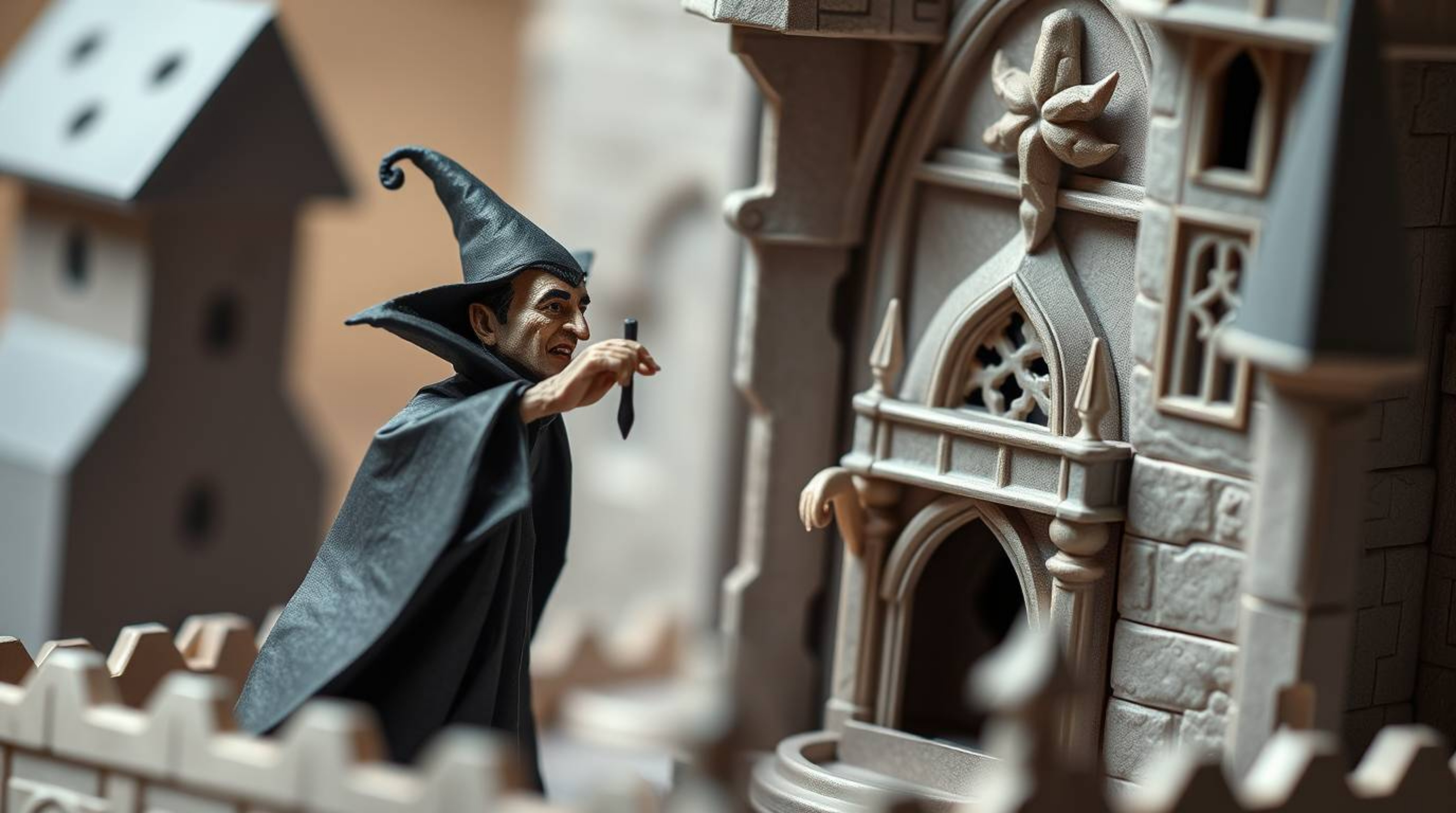 A captivating macro photograph showcases an intricate origami creation depicting a classic Disney villain casting a spell wit