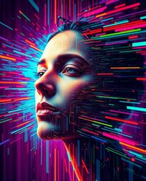 A captivating digital painting showcases a human face dissolving into a vibrant data stream, a mesmerizing transformation fue
