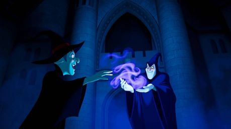A captivating professional photograph, styled like an Associated Press editorial image, depicts a classic Disney villain cast