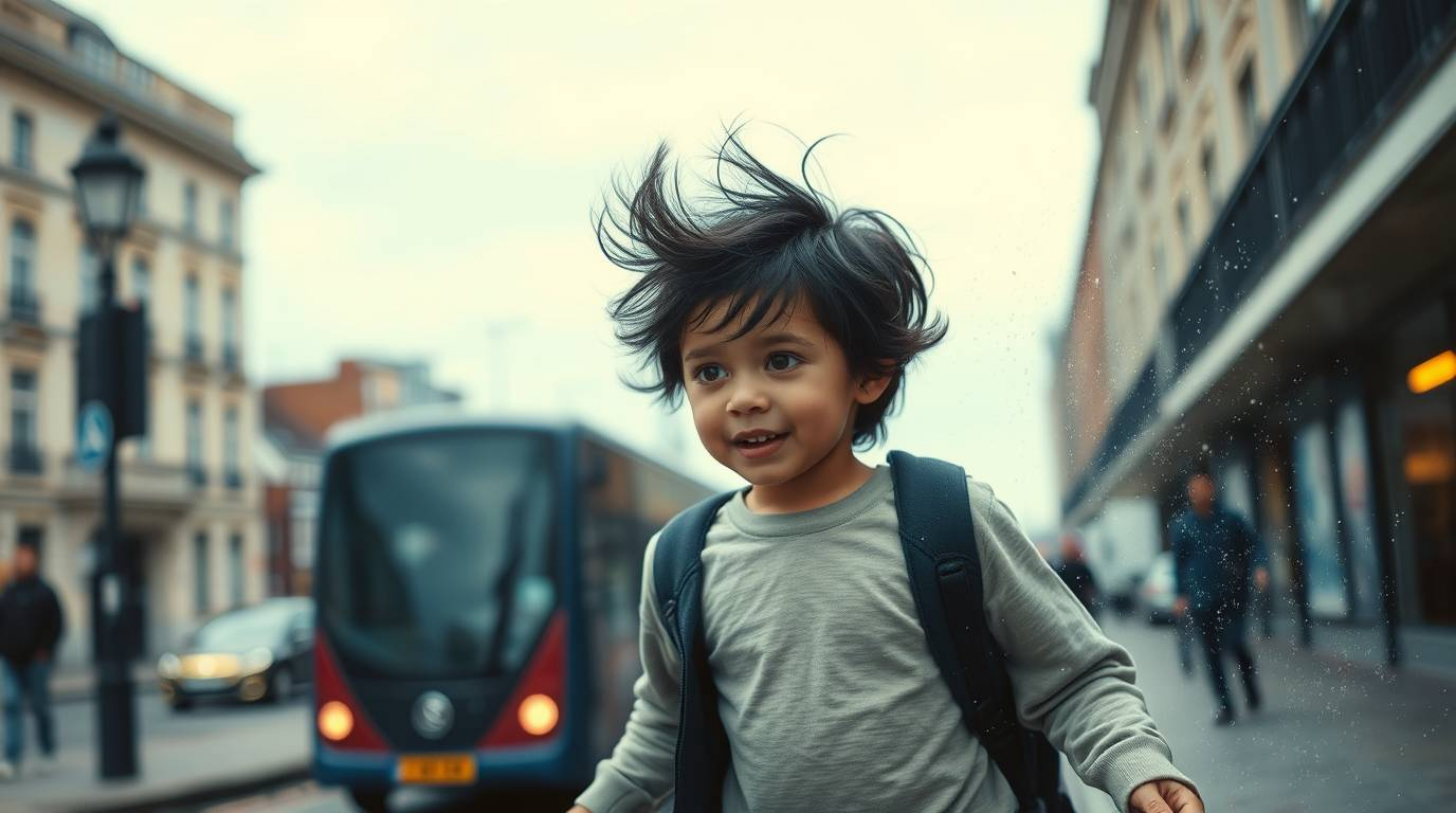 A candid street photograph capturing a young boy with messy black hair soaring above London with the aid of pixie dust, creat