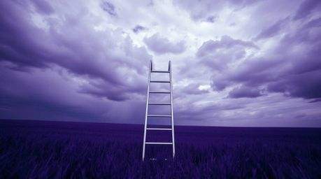 A minimalist scene featuring a silver ladder in an open field beneath a cloudy sky, serving as an abstract metaphor for oppor