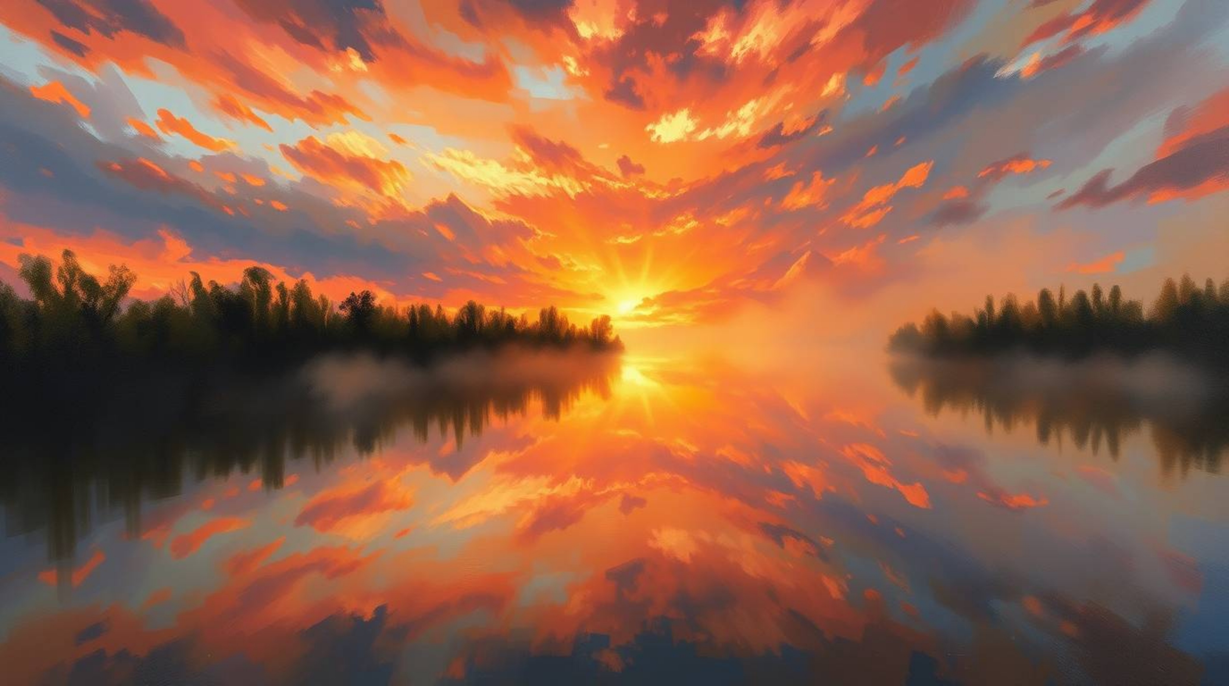 A captivating classic oil painting depicting a colorful sunset reflected in a tranquil pond.  The artwork showcases volumetri