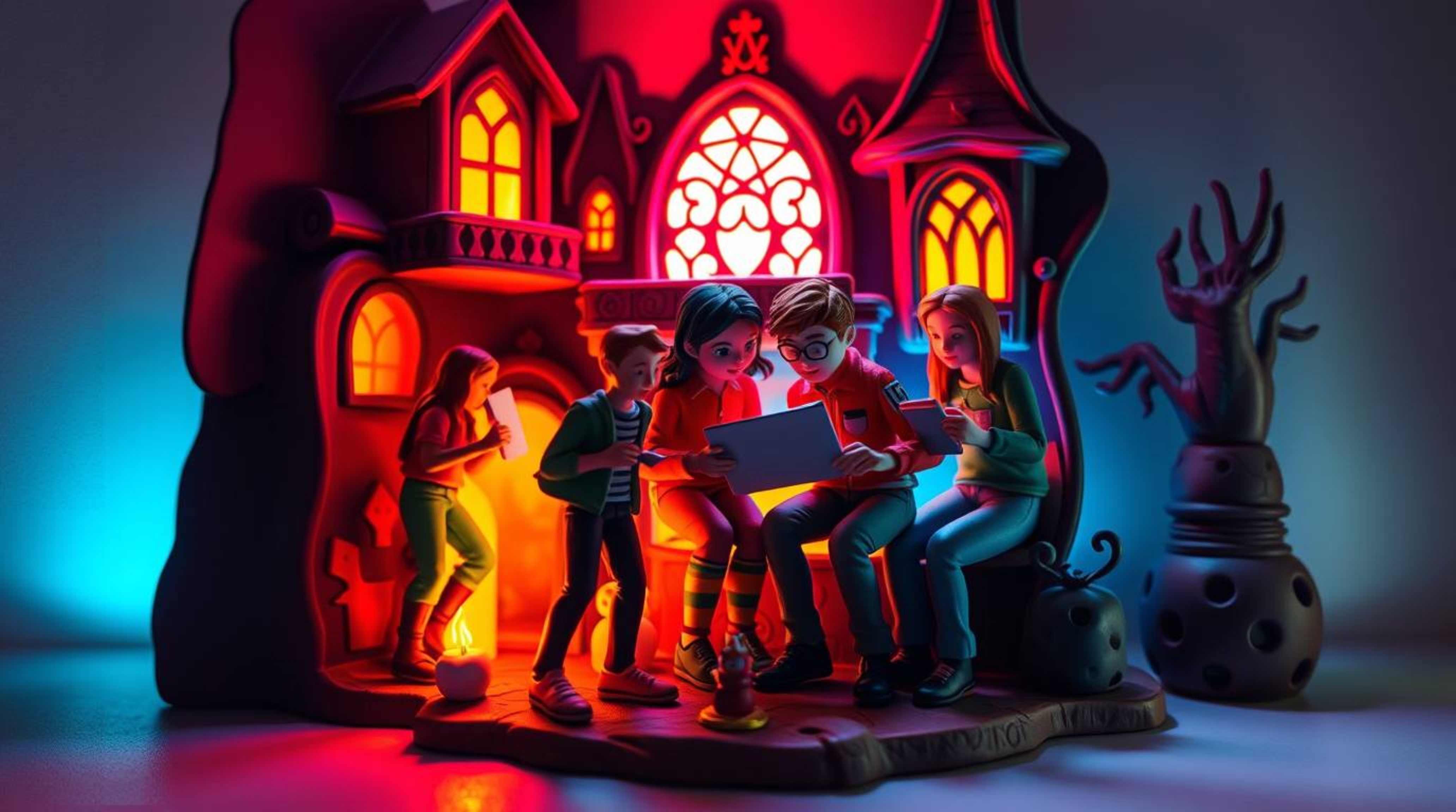 A captivating clay sculpture depicts a group of teenagers unraveling a mystery within a haunted mansion.  The artwork showcas