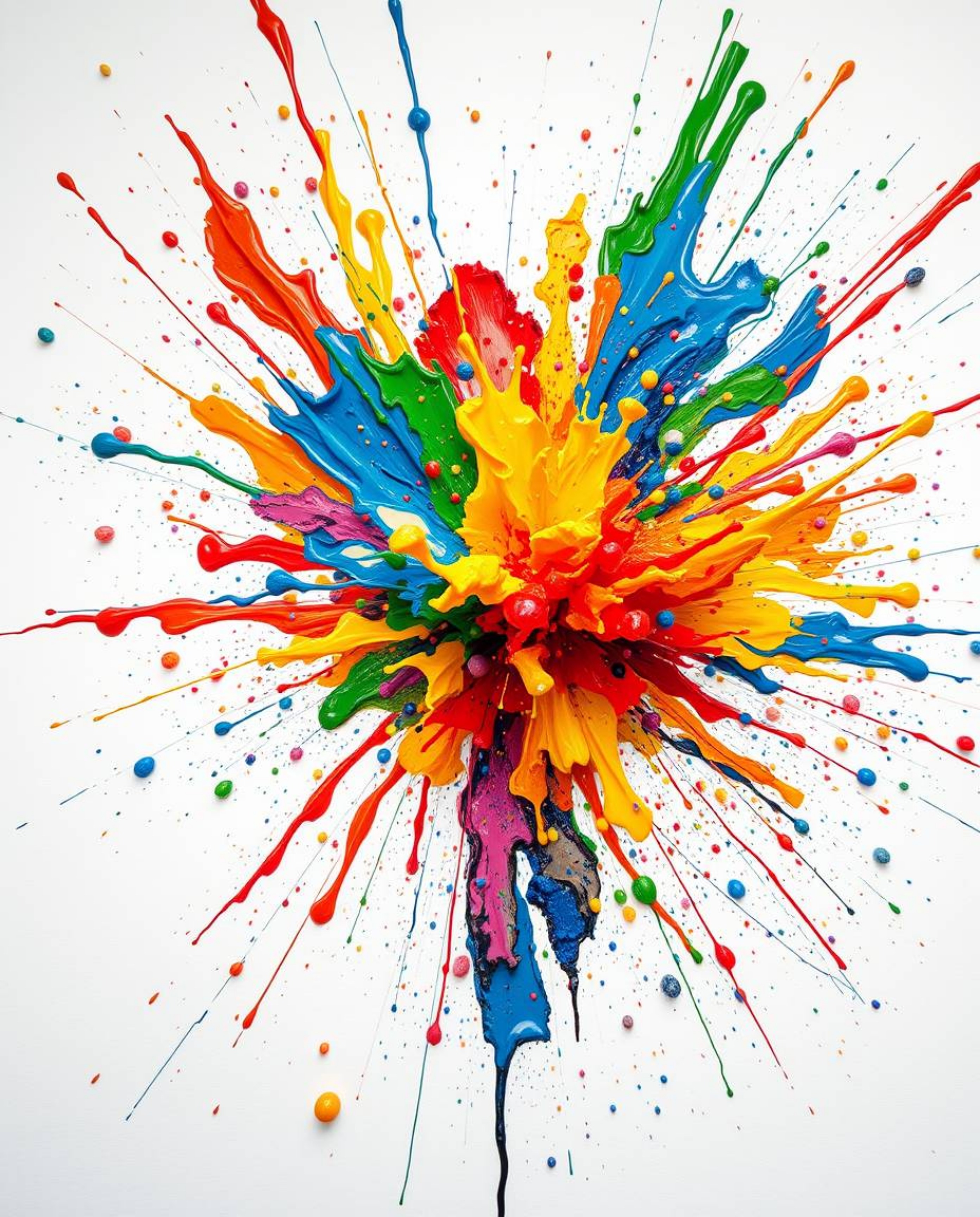 This high-resolution stock photo captures a vibrant paint explosion frozen in time on a clean white canvas. The image showcas