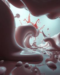 Explore a bizarre and fantastical scene featuring dreamlike surreal imagery.  Sculptural 3D fluid shapes made of mercury are 