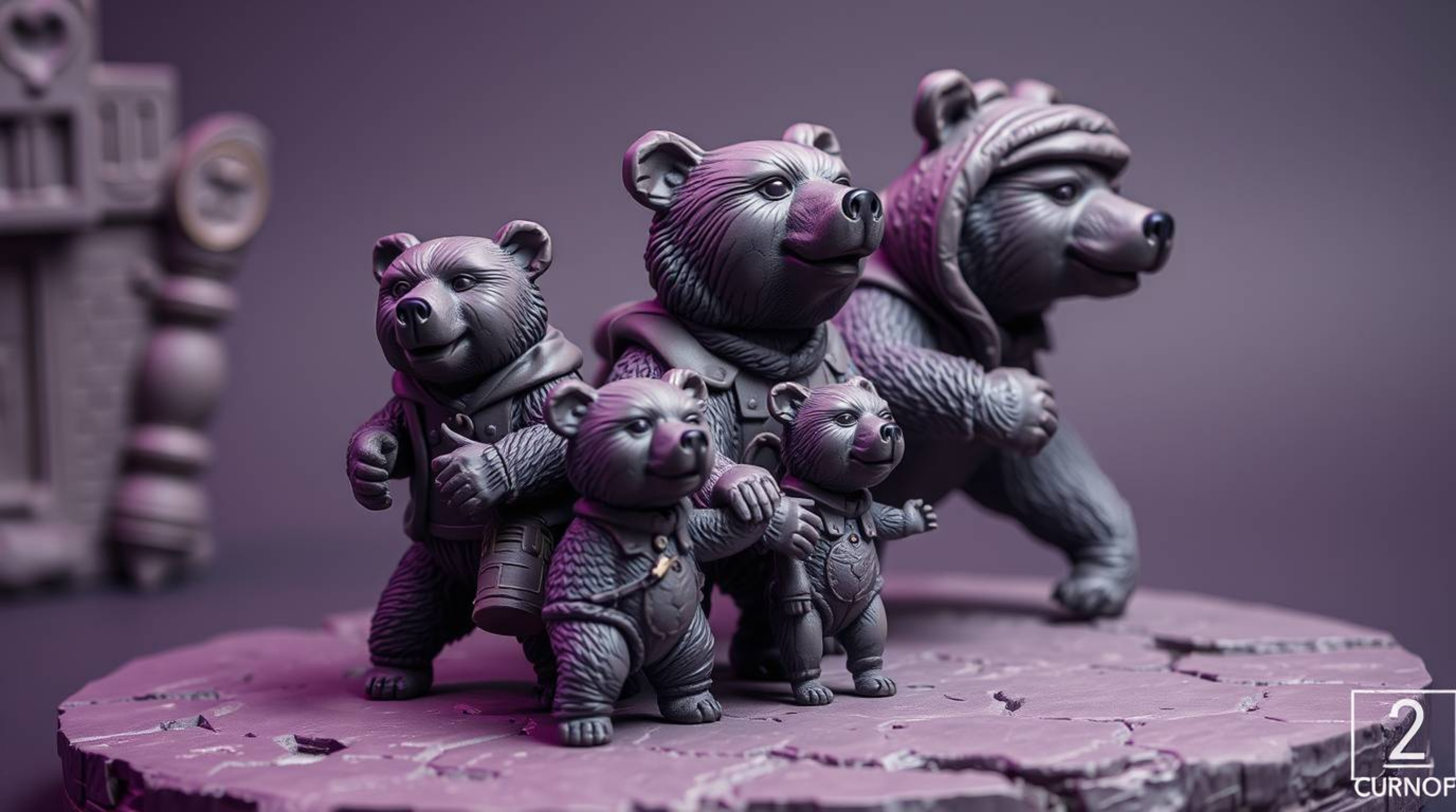 This captivating clay sculpture depicts a charming bear family embarking on an urban adventure. Rendered in striking deep ult