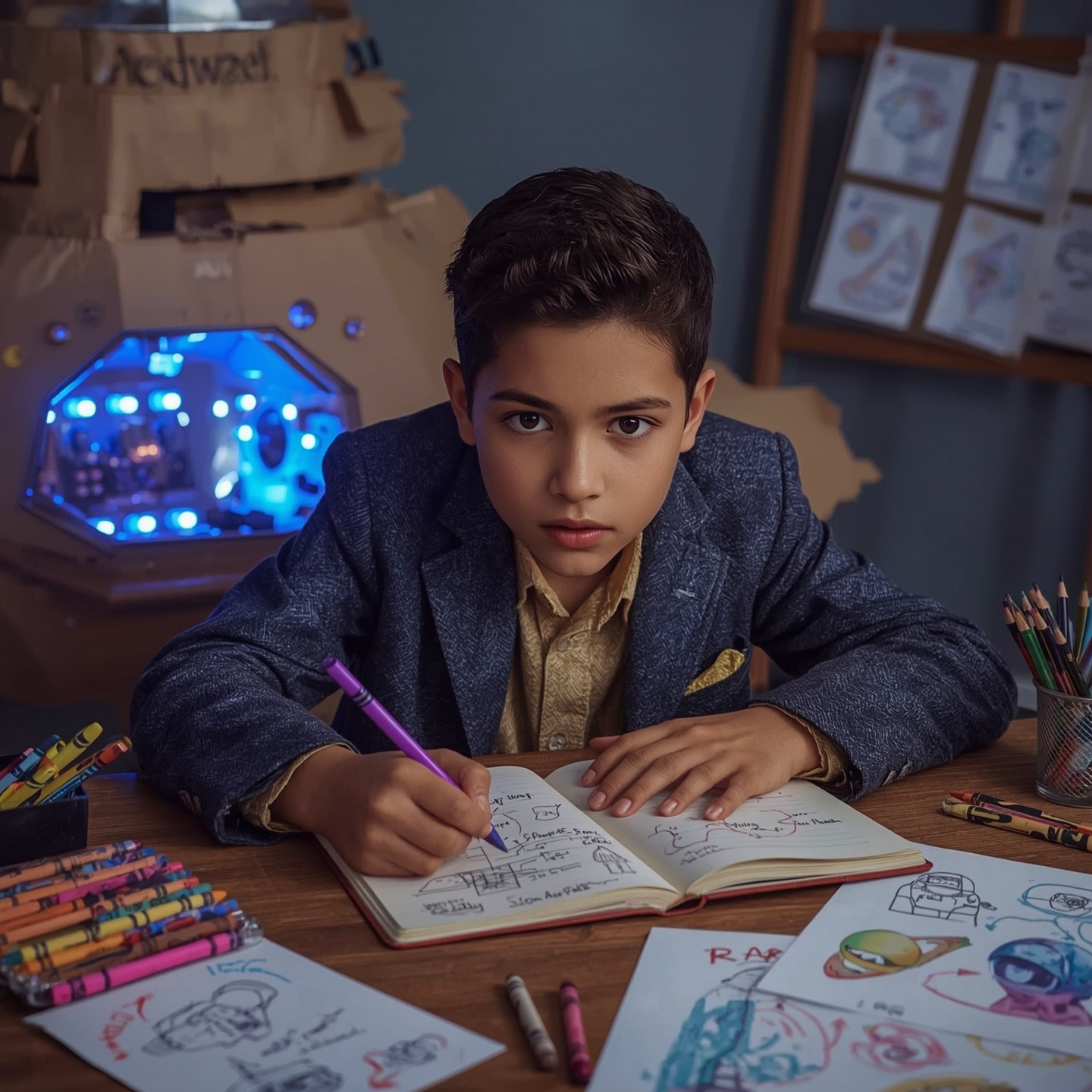 Exquisite high-fashion photography captures a boy with curious brown eyes intensely writing in a space journal with a vibrant