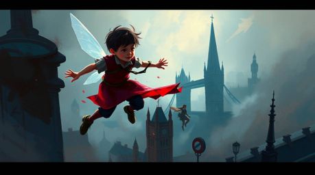 A dynamic digital sketch depicting a young boy soaring above a misty London with the aid of pixie dust, bathed in rich burgun