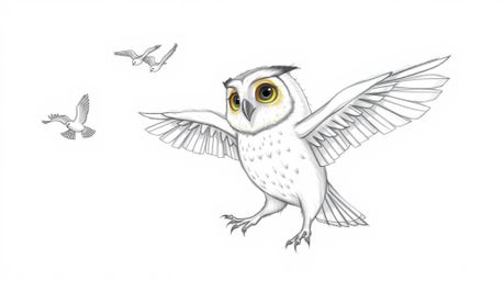 A heartwarming hand-drawn sketch in Pixar style depicts a wise, blind owl with sunlit, glowing feathers imparting its knowled