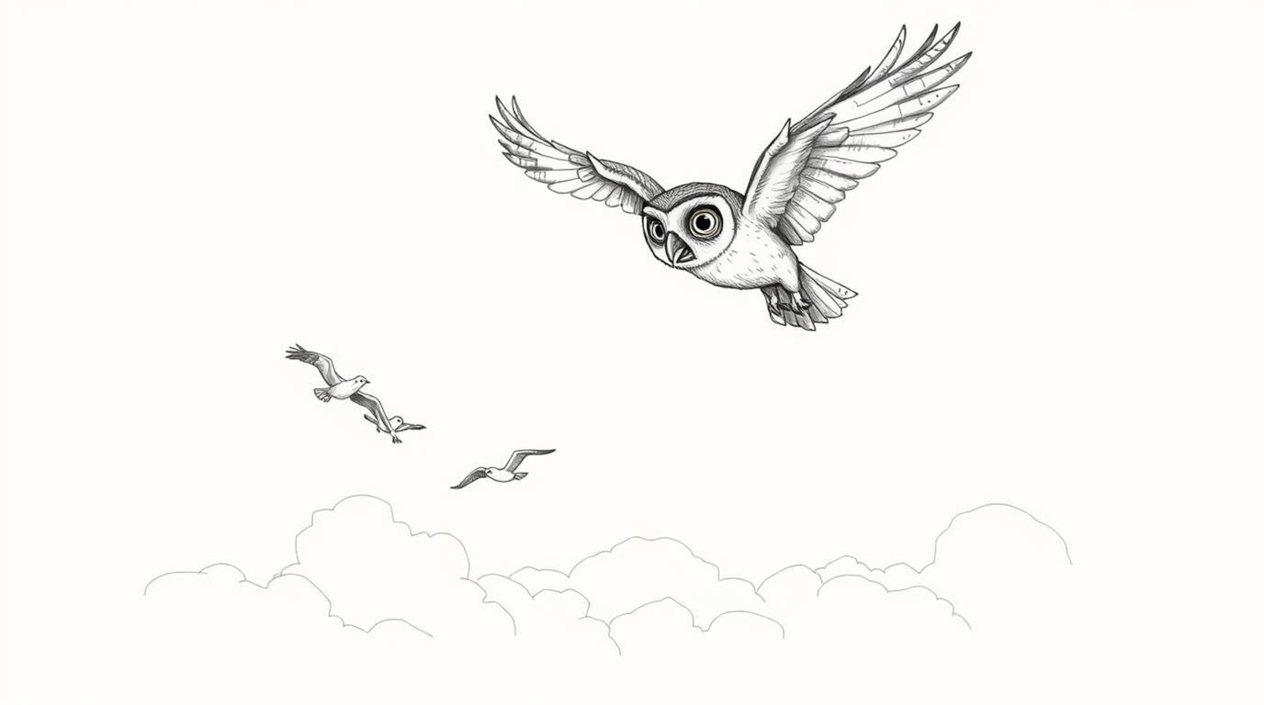 A heartwarming hand-drawn sketch in the style of Pixar, depicting a blind owl with textured pencil strokes, proudly soaring a