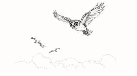 A heartwarming hand-drawn sketch in the style of Pixar, depicting a blind owl with textured pencil strokes, proudly soaring a