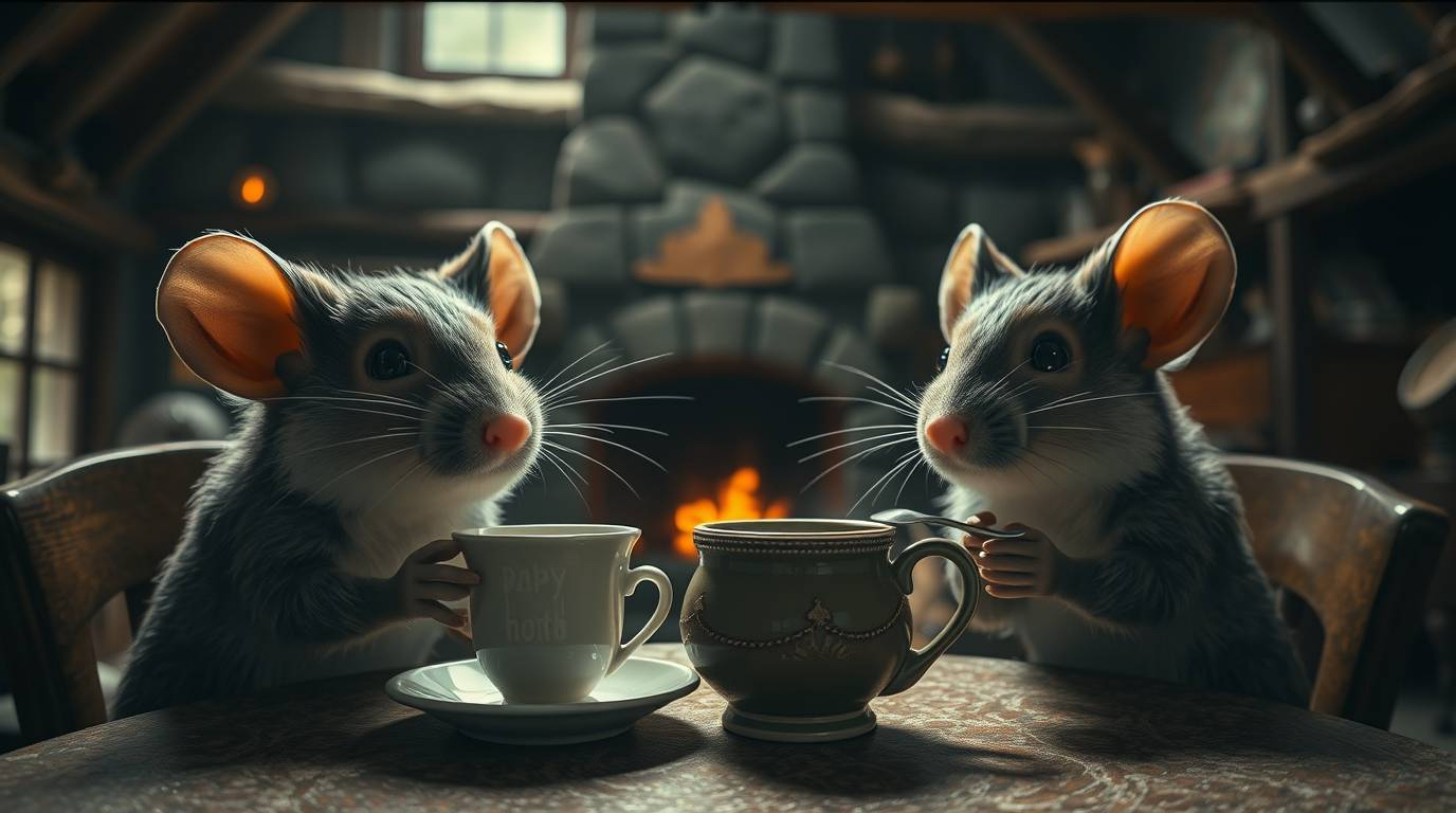 High-resolution stock photo showcasing anthropomorphic mice with detailed fur and expressive eyes, enjoying a tea party in a 