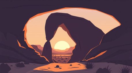 A captivating modern flat design illustration showcases a serene sunset viewed through a natural rock arch in a stunning dese