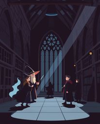 Explore a world where modern flat design meets the enchanting realm of a magical school filled with young wizards. This art s