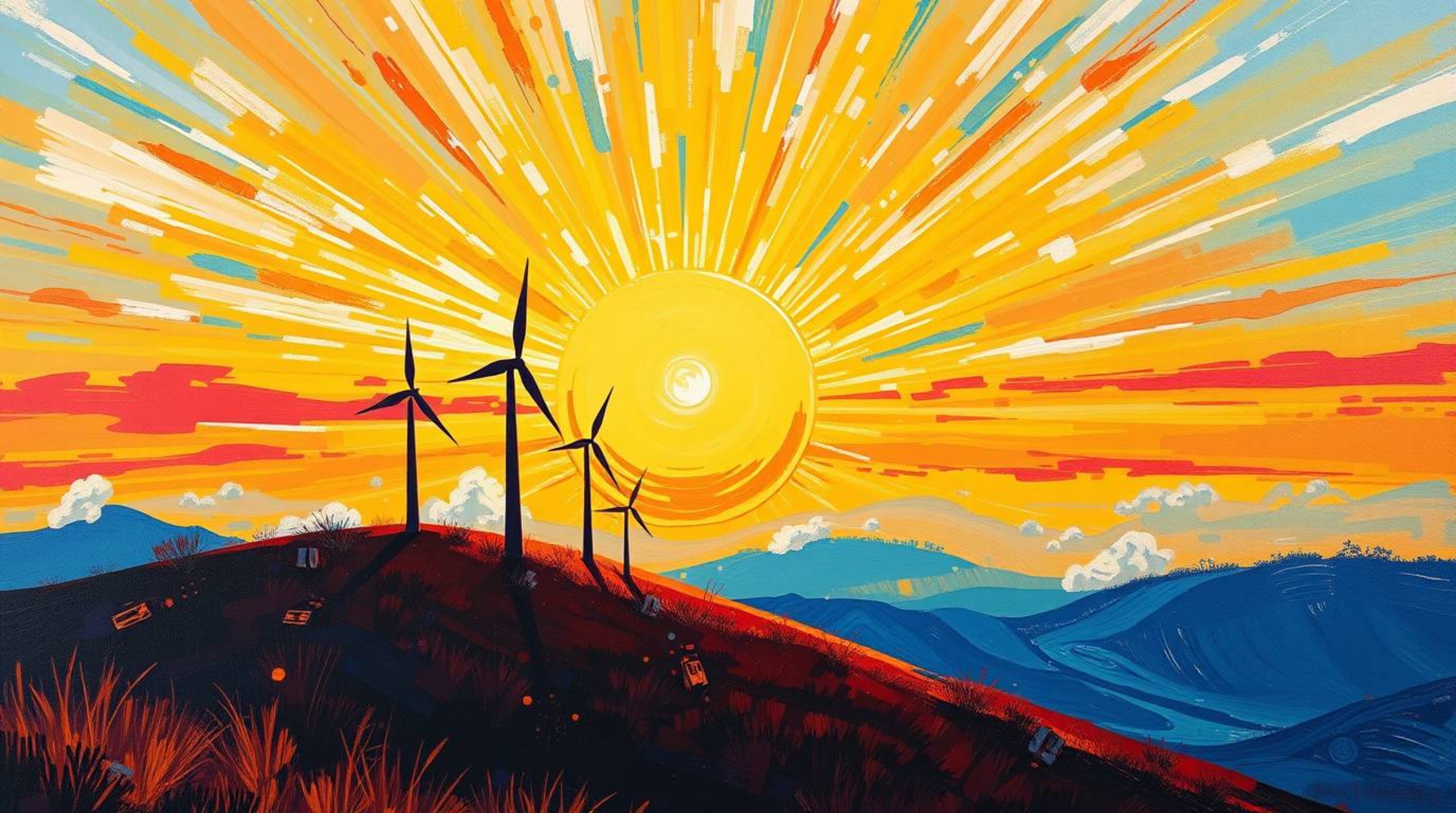 A captivating bold acrylic painting depicts a vibrant sunset behind a row of wind turbines perched on a hill. The artwork rad