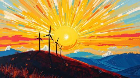 A captivating bold acrylic painting depicts a vibrant sunset behind a row of wind turbines perched on a hill. The artwork rad