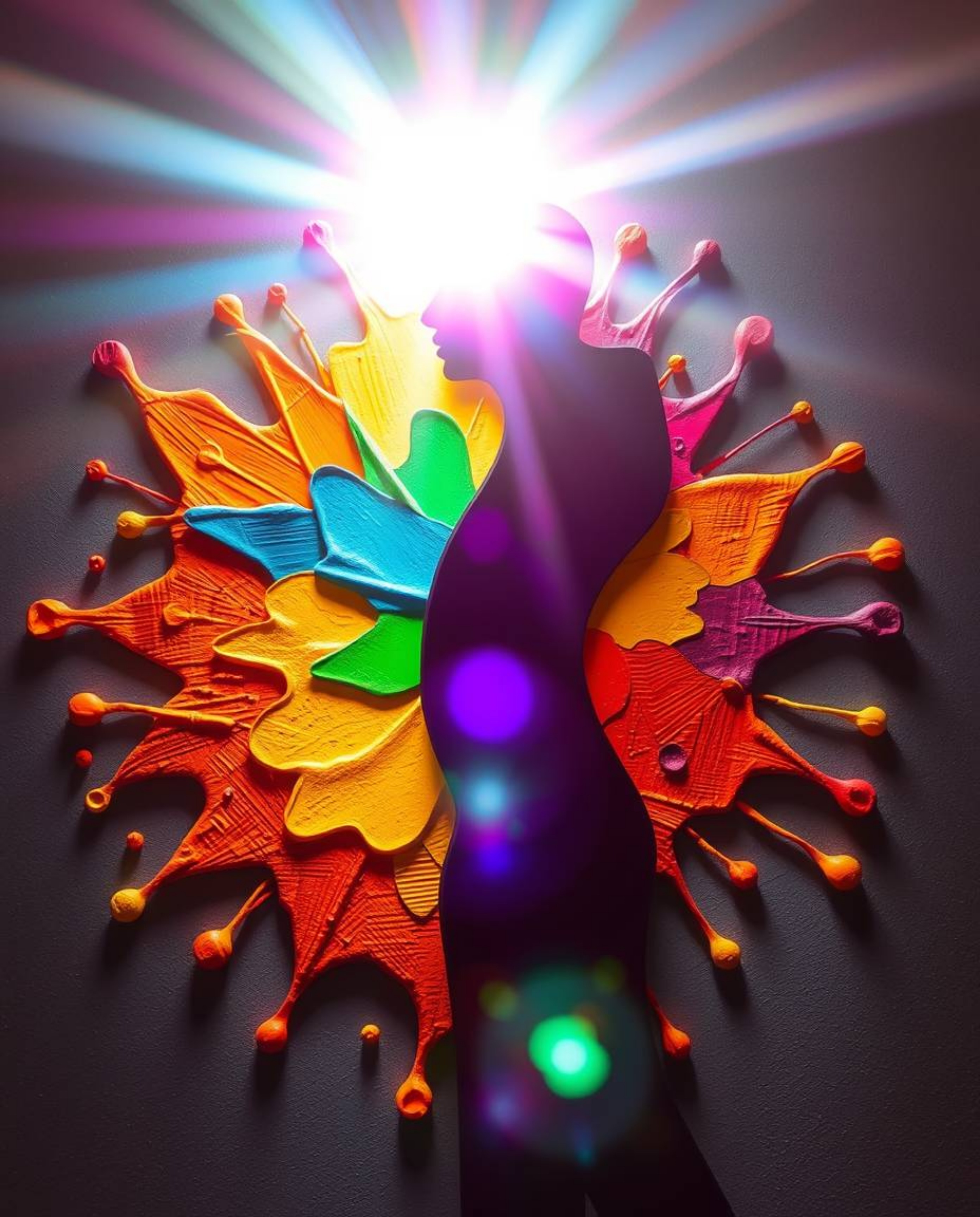 This modern art piece features a striking human silhouette formed by vibrant, colorful splash patterns against a backdrop of 