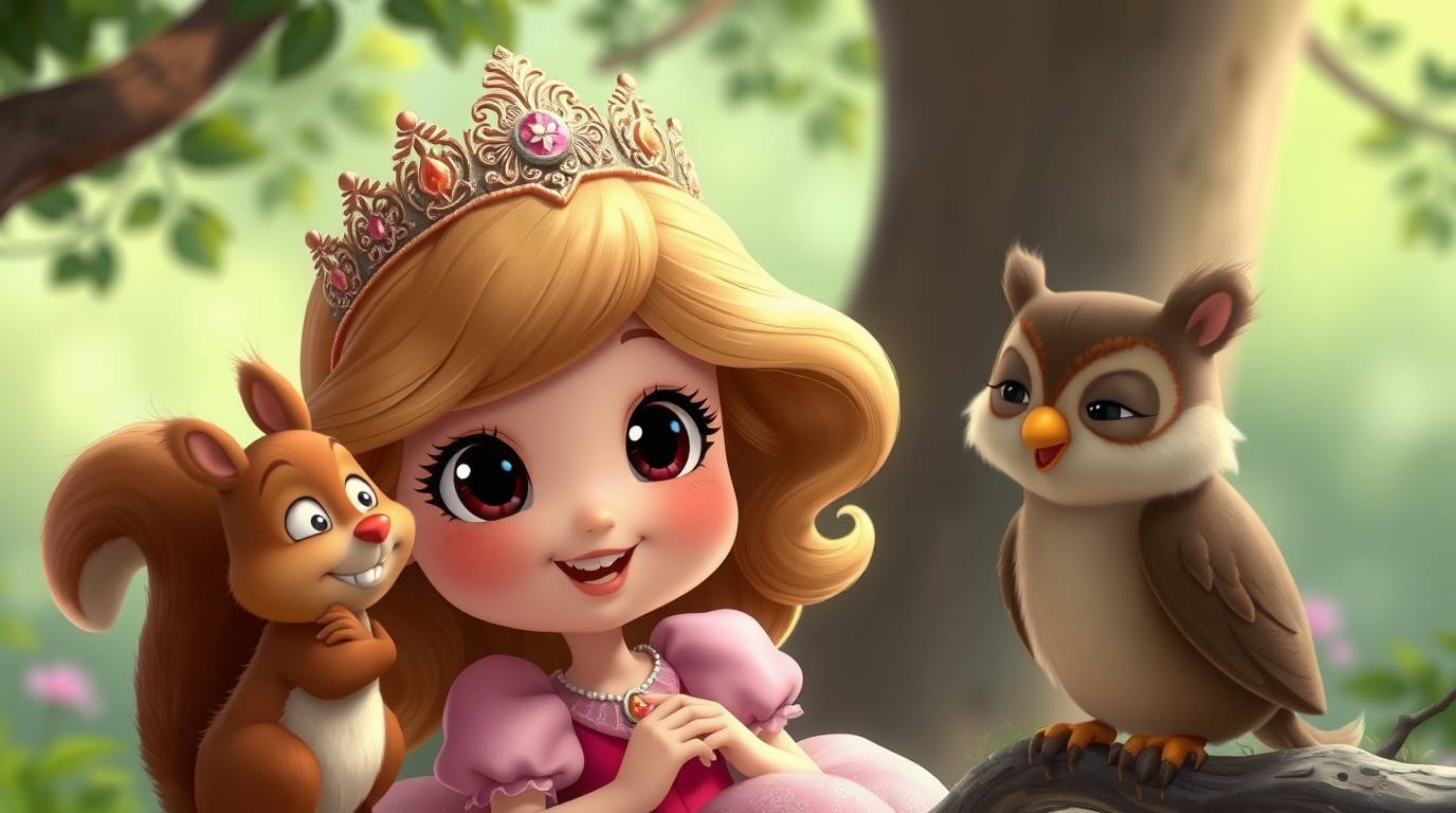 An adorable princess with large eyes and a charming smile is depicted in a heartwarming vintage 2D animation style. She sings