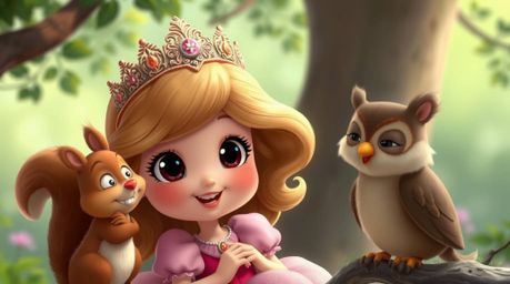 An adorable princess with large eyes and a charming smile is depicted in a heartwarming vintage 2D animation style. She sings