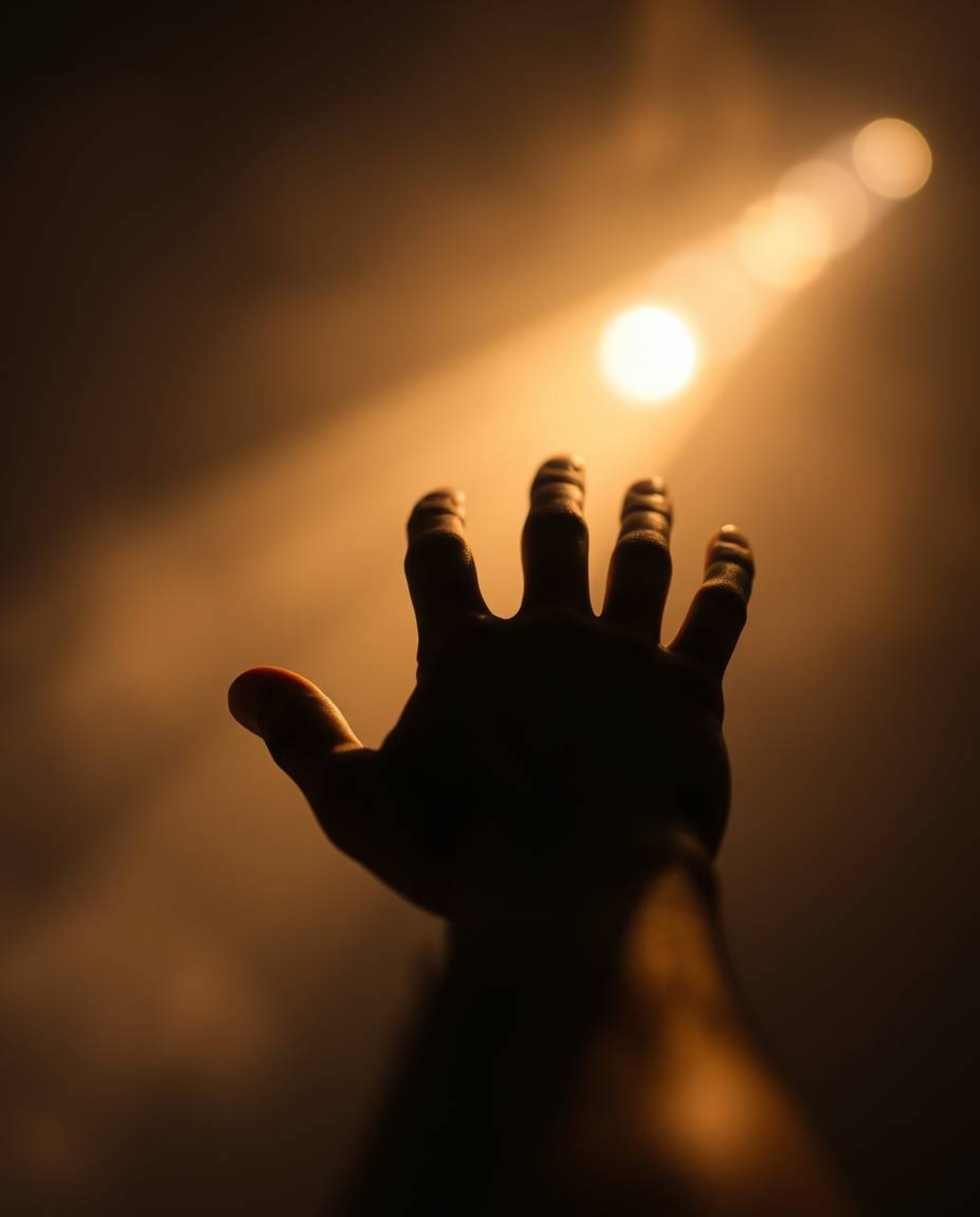 Explore stunning volumetric lighting with a captivating blurred bokeh effect, showcasing a sharply focused hand reaching towa