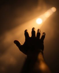 Explore stunning volumetric lighting with a captivating blurred bokeh effect, showcasing a sharply focused hand reaching towa