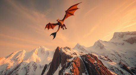 Experience the awe-inspiring sight of a dragon and rider soaring above majestic icy mountains, bathed in the warm glow of the