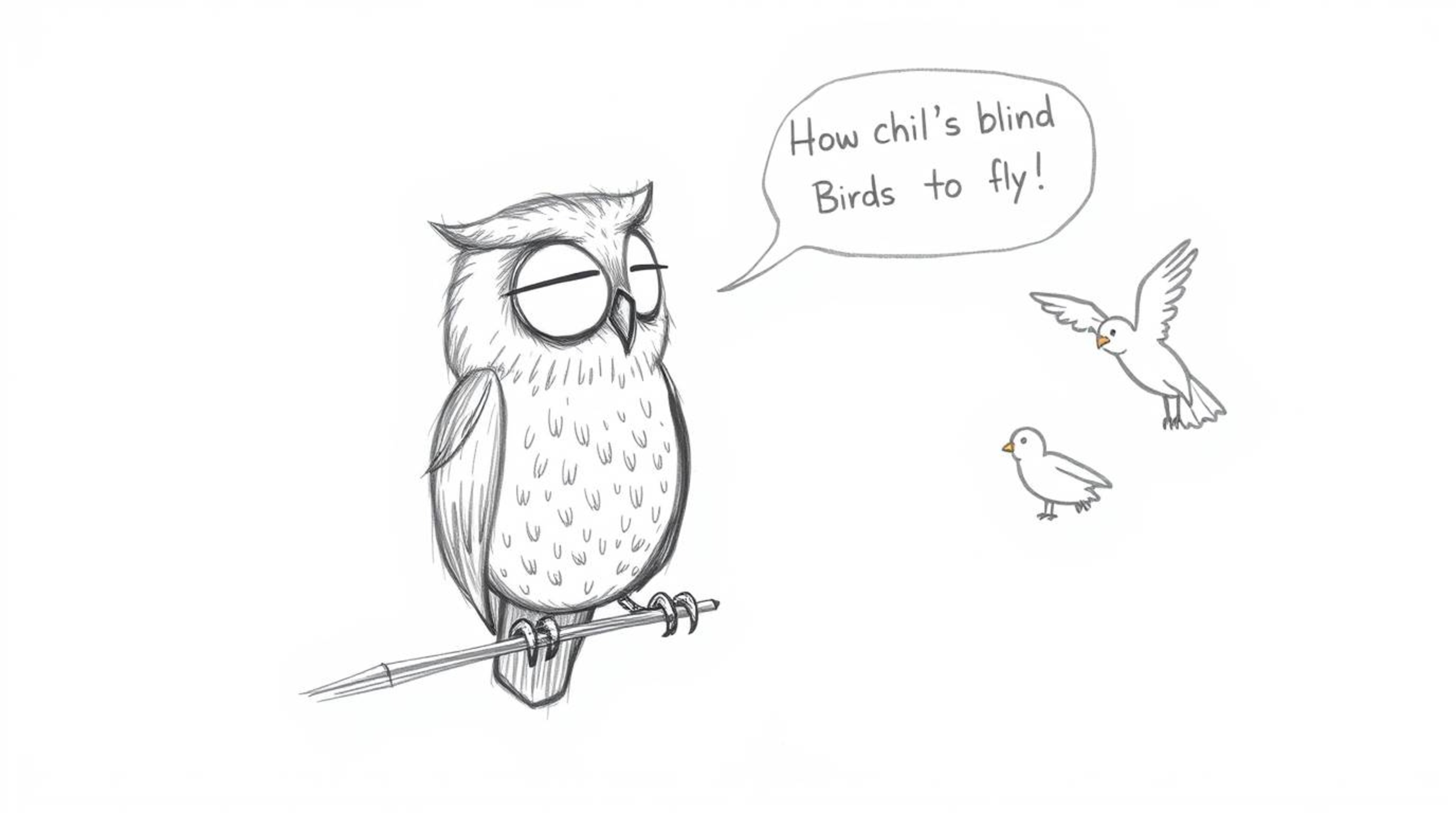 A heartwarming, hand-drawn sketch in Pixar style depicts a blind owl with textured pencil strokes passionately teaching birds