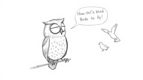 A heartwarming, hand-drawn sketch in Pixar style depicts a blind owl with textured pencil strokes passionately teaching birds