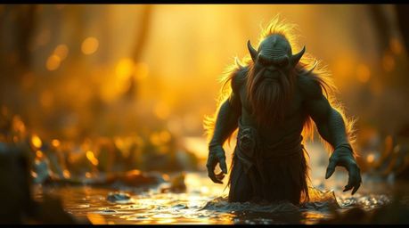 A captivating image of an ogre dancing in a swamp, featuring a warm golden glow and a blurred bokeh effect. The ogre is in sh