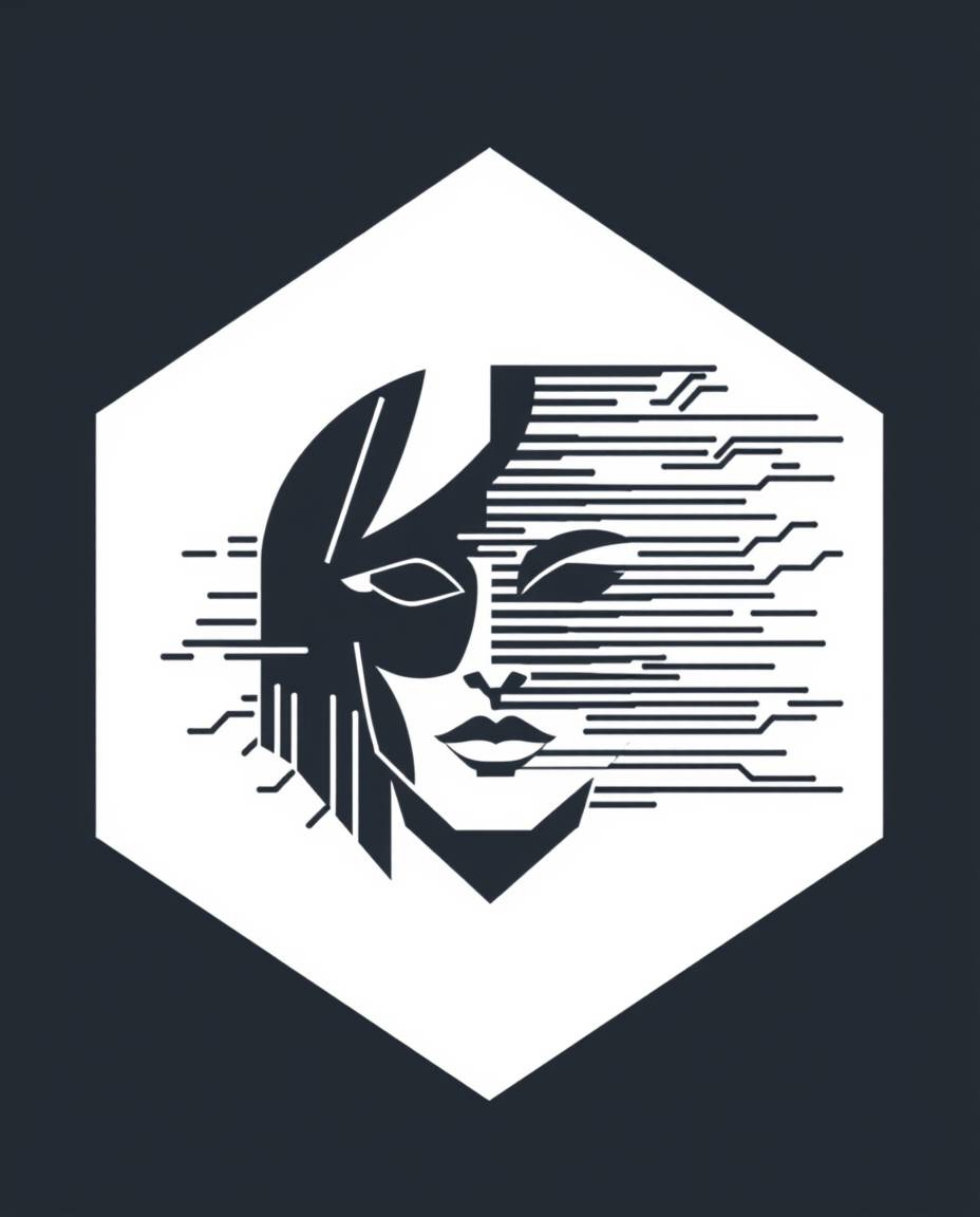 A captivating minimalist logo design showcases a geometric representation of a human face undergoing a digital glitch transfo