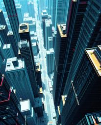 Experience a captivating bird's-eye perspective of a glitchy digital landscape.  Distorted skyscrapers pierce a sky filled wi