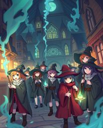 A captivating anime-style illustration depicting a magical school brimming with young wizards.  The artwork showcases a strik
