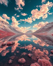 A surreal infrared photograph depicts the reflections of fiery clouds in a mountain lake. This unique composition showcases a