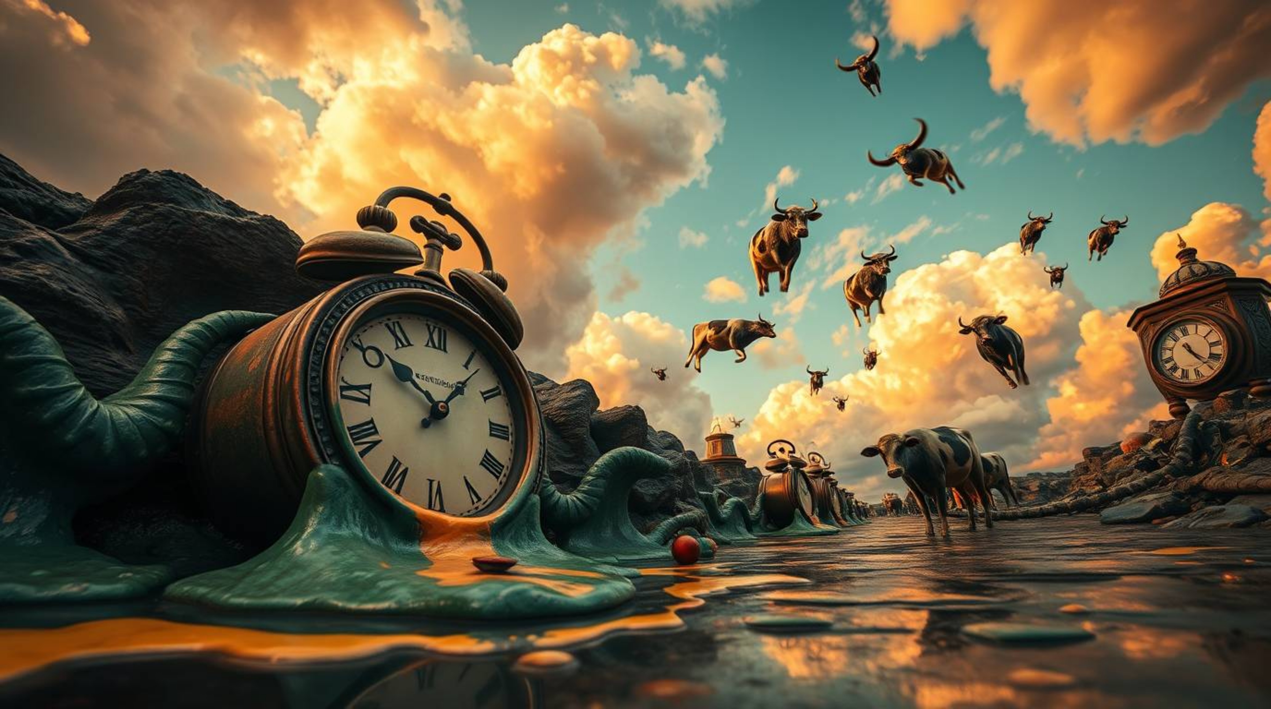 Explore a captivating surreal dreamscape presented from a low-angle perspective, featuring iconic melting clocks and whimsica