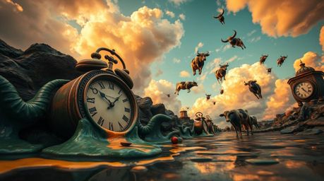 Explore a captivating surreal dreamscape presented from a low-angle perspective, featuring iconic melting clocks and whimsica