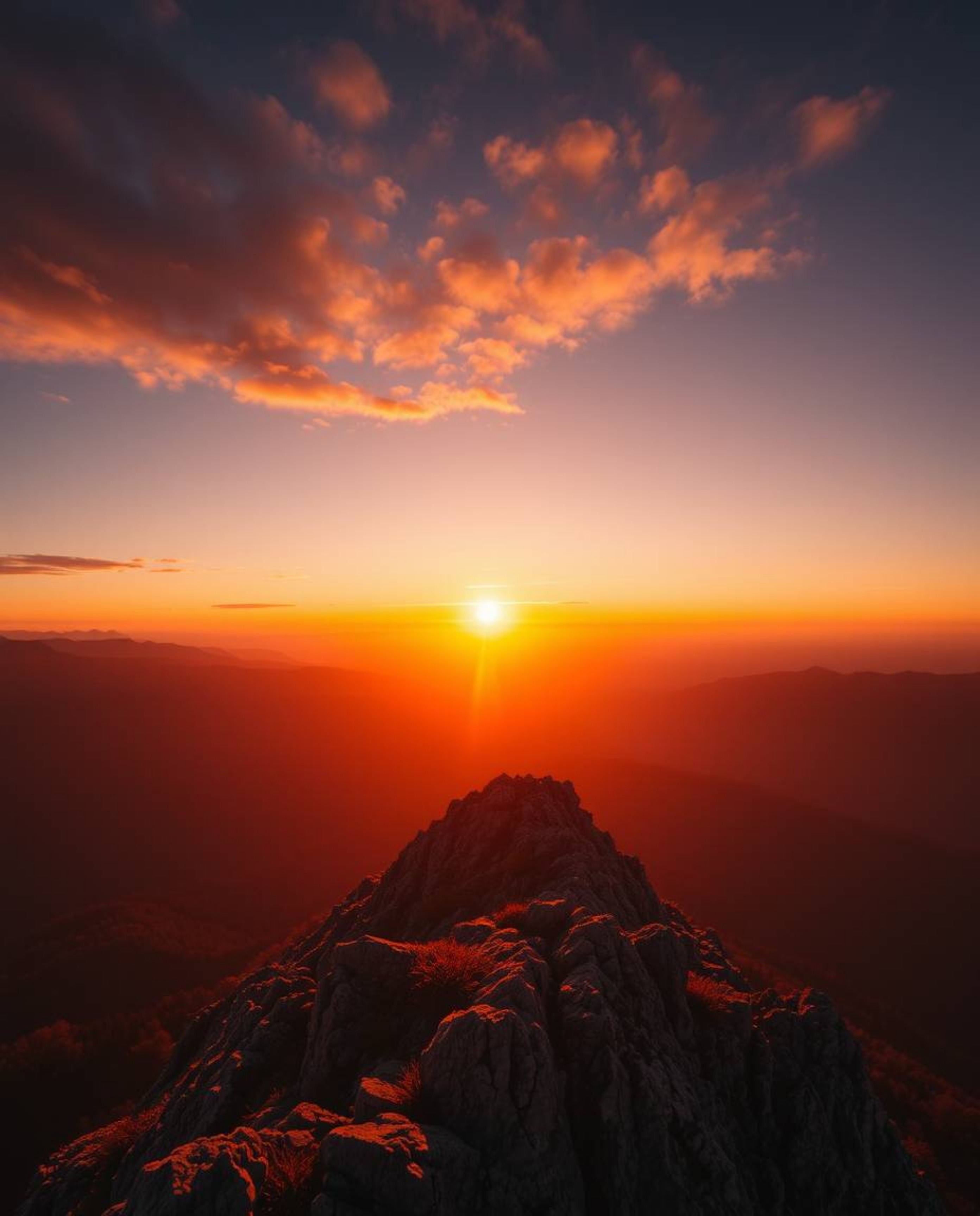 Experience a breathtaking sunset from a high-angle view on an alpine peak. The scene is bathed in a palette of warm autumnal 