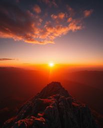 Experience a breathtaking sunset from a high-angle view on an alpine peak. The scene is bathed in a palette of warm autumnal 