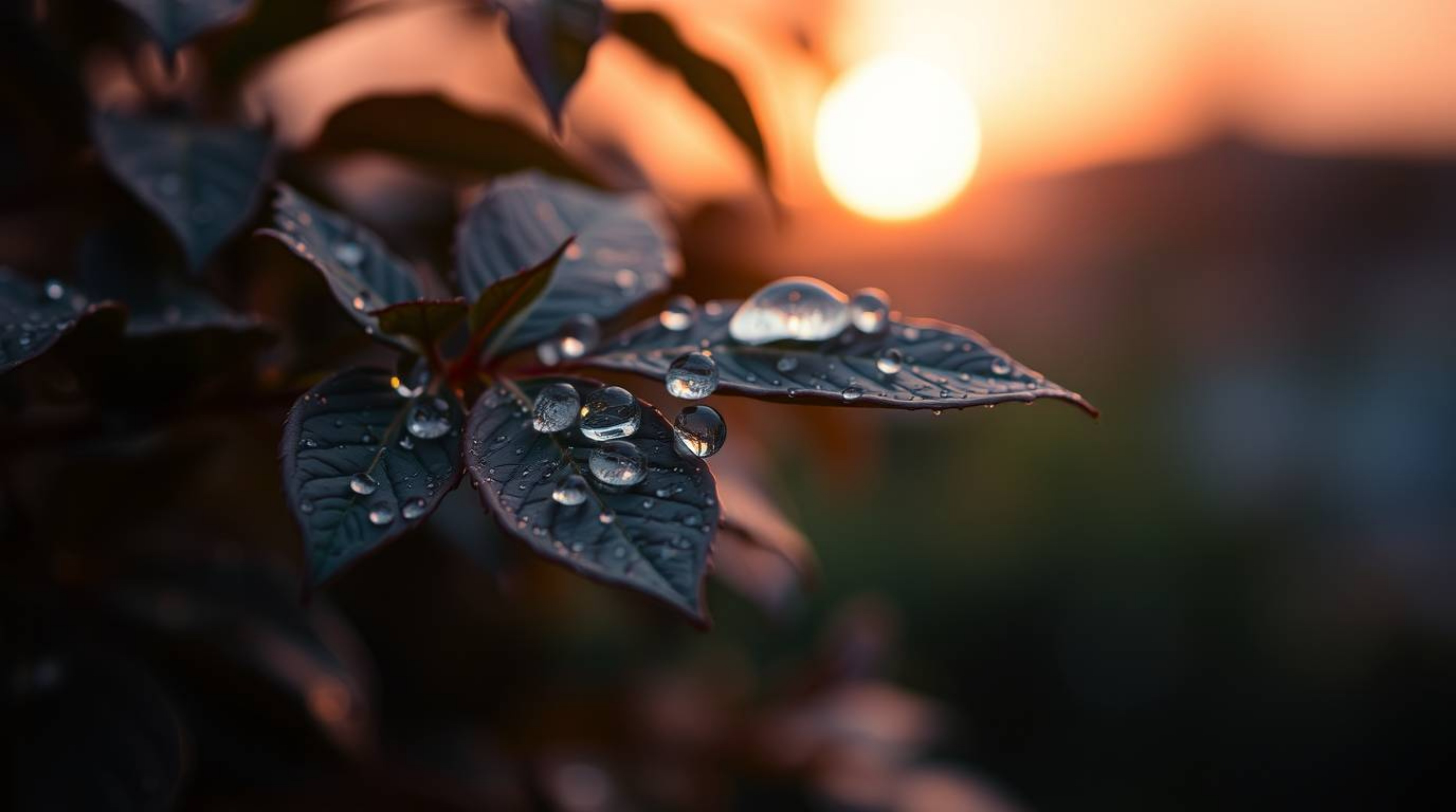 A mesmerizing image capturing the sharp focus on raindrops clinging to leaves, reflecting the vibrant colors of the setting s