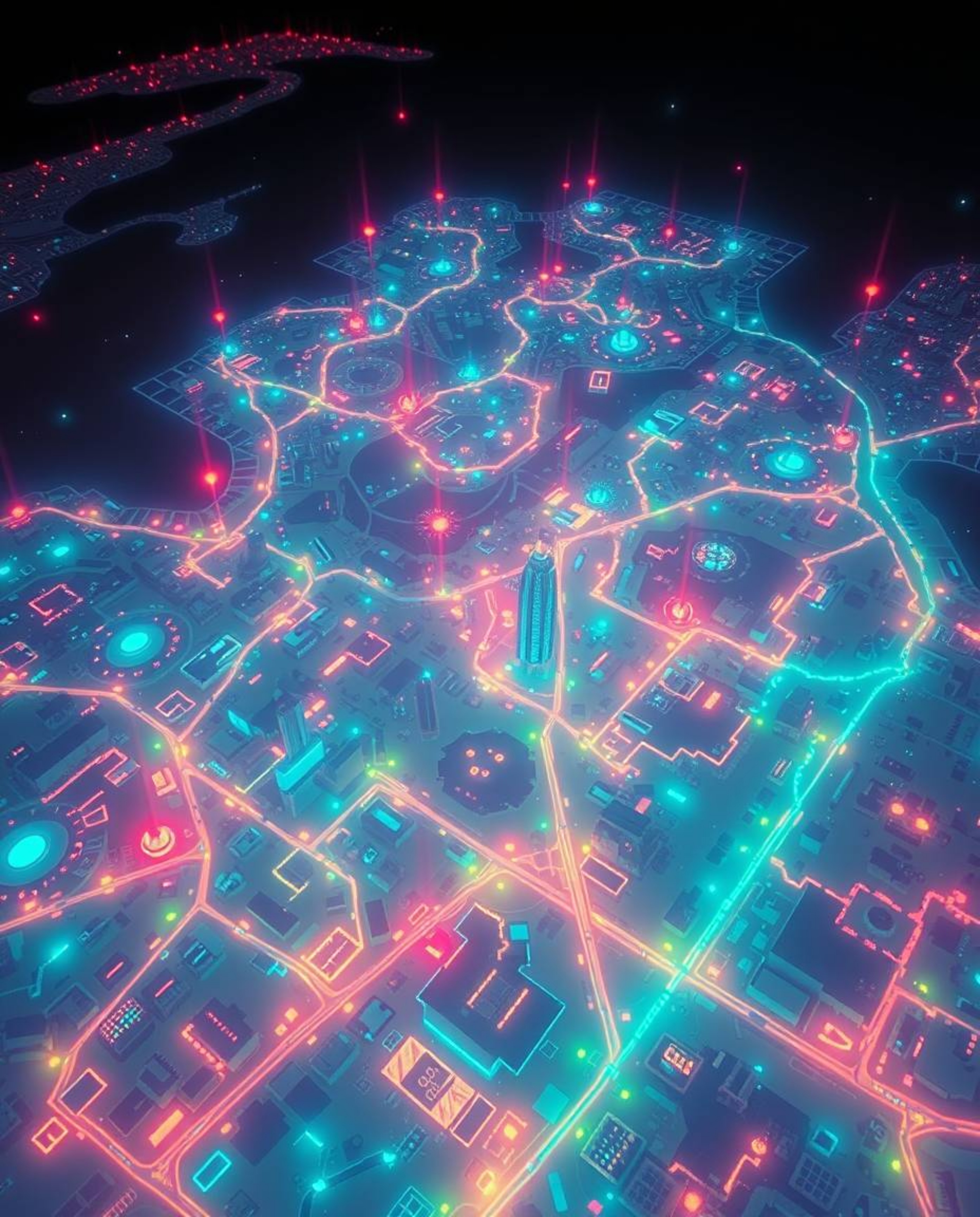 An ethereal, abstract city map composed of glowing geometric shapes.  Experience a vibrant, bioluminescent glow with a top-do