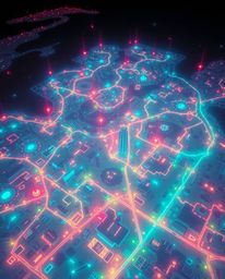 An ethereal, abstract city map composed of glowing geometric shapes.  Experience a vibrant, bioluminescent glow with a top-do