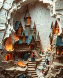 Explore a magical school brought to life through layered papier-mâché, depicting young wizards in an enchanting environment. 