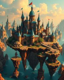 Explore a vibrant fantasy kingdom featuring breathtaking floating islands and bronze castles. Warm terracotta and cool teal