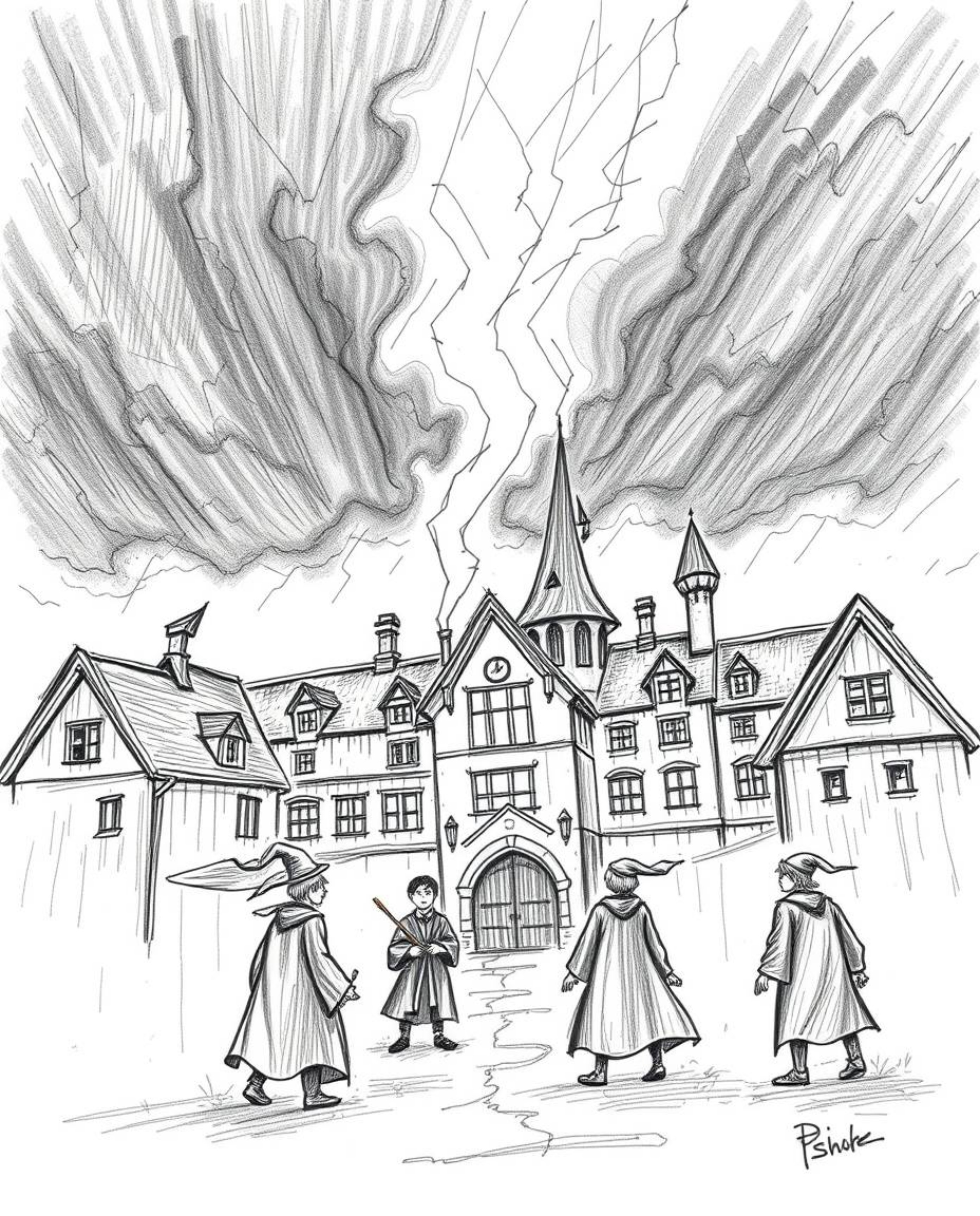 Explore a magical school filled with young wizards rendered in a dramatic, hand-drawn sketch style. Rough lines and textured 