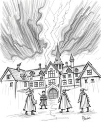 Explore a magical school filled with young wizards rendered in a dramatic, hand-drawn sketch style. Rough lines and textured 